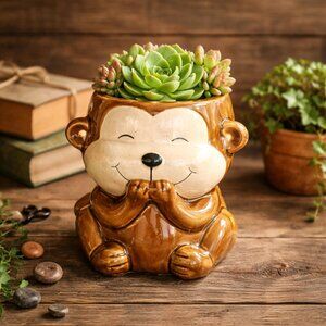 Used Ceramic Monkey Planter Pot | Small Brown Animal Indoor Decor